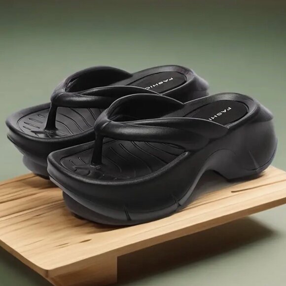 NEW Black Women's Solid Color Flip Flops Casual Wedge Platform Sandal size 5.5-6 - Picture 9 of 11